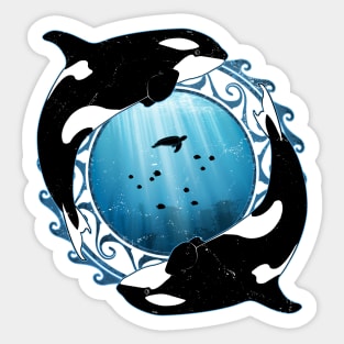 Orcas on Underwater Background Sticker